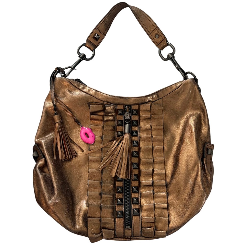 Y2K Betsey Johnson Metallic Faux Leather Slouchy Bag Tote Studded Bronze Vintage
